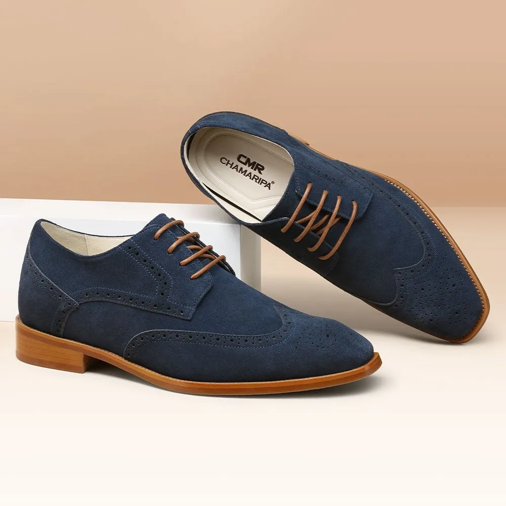 7CM / 2.76 Inches CMR CHAMARIPA Men's Elevator Dress Shoes - Stylish Blue Suede Derby Shoes