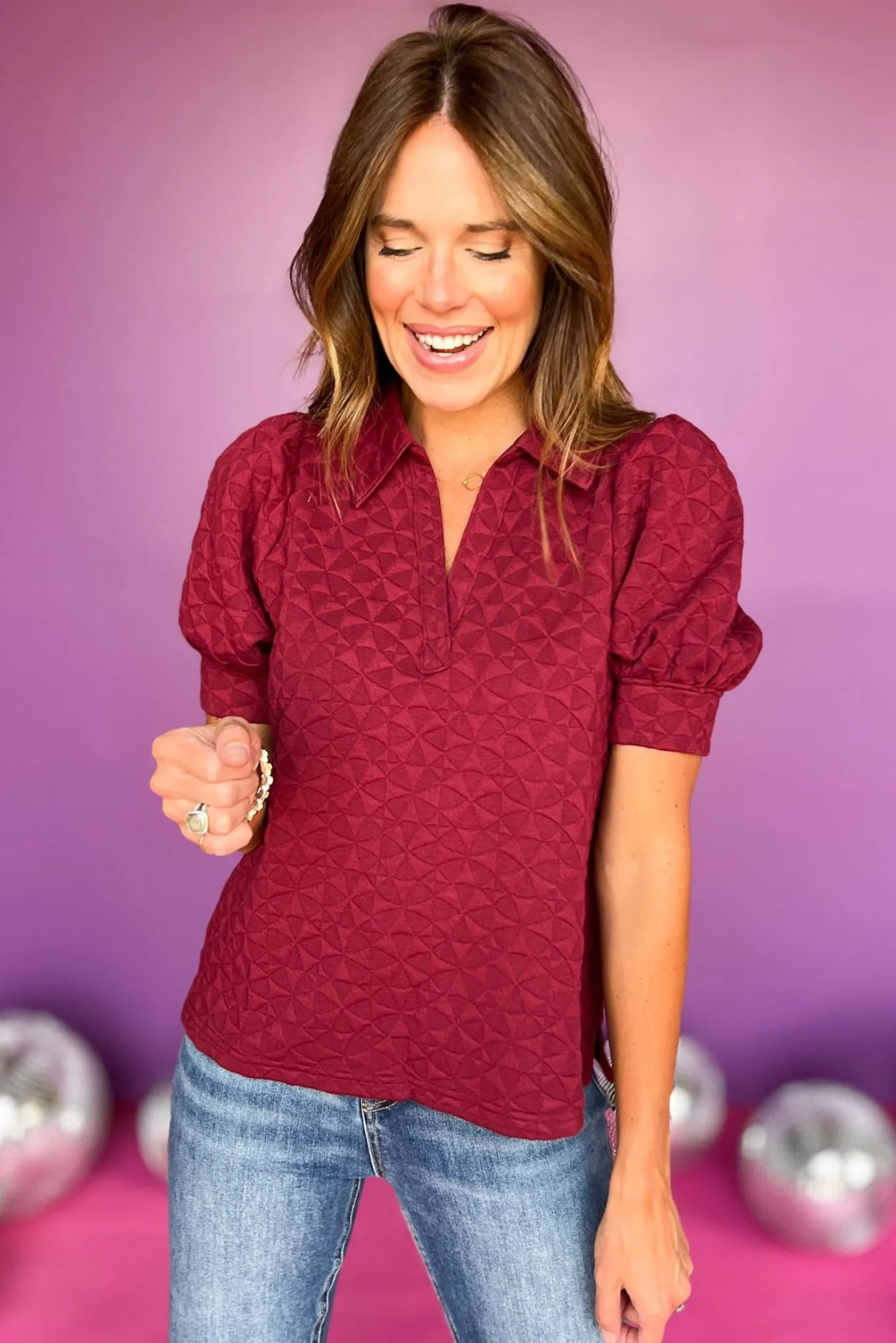 Burgundy Textured Collared V Neck Short Sleeve Top