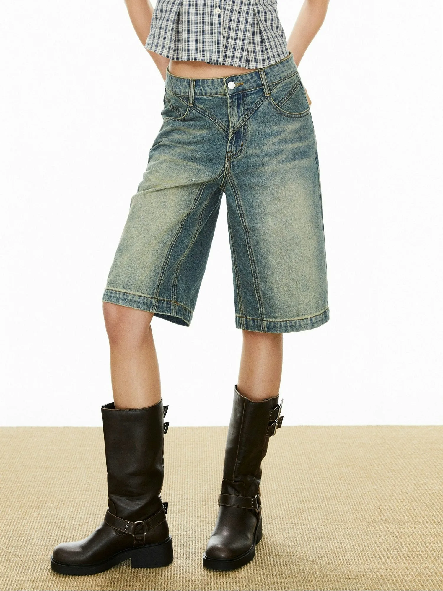 Denim Bermuda Shorts with Contrast Stitching