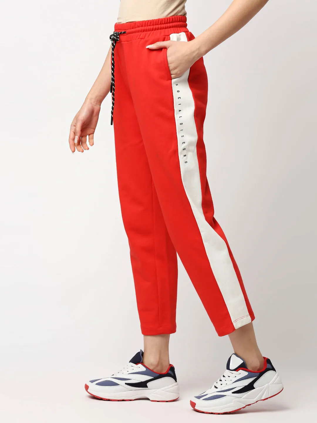 Disrupt Women Red Side Pannel Tapered Ankle Length Trackpants