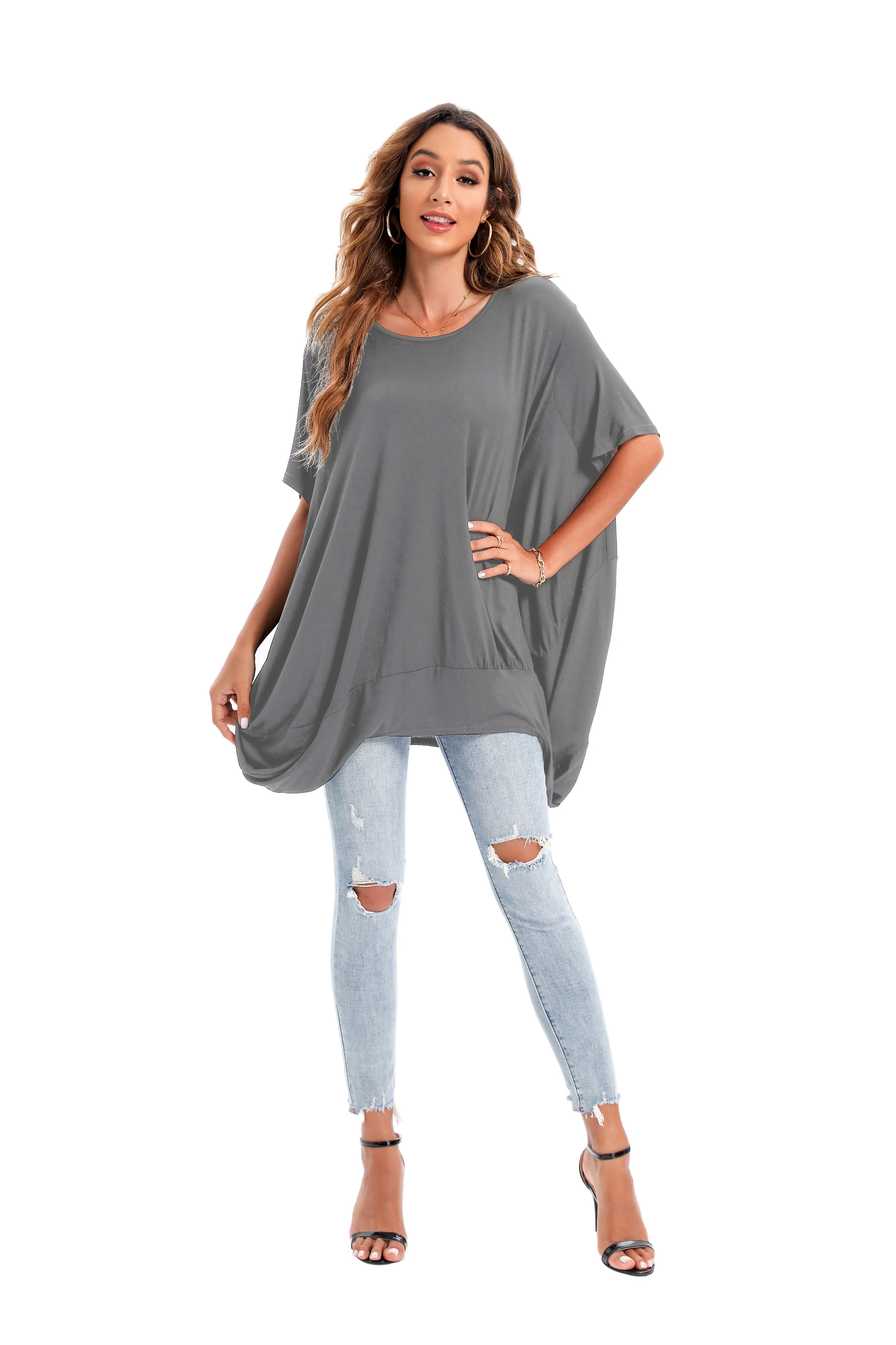 ellazhu Oversized Short Sleeve Mid-Long Dresses Beach T-Shirt Women GA200