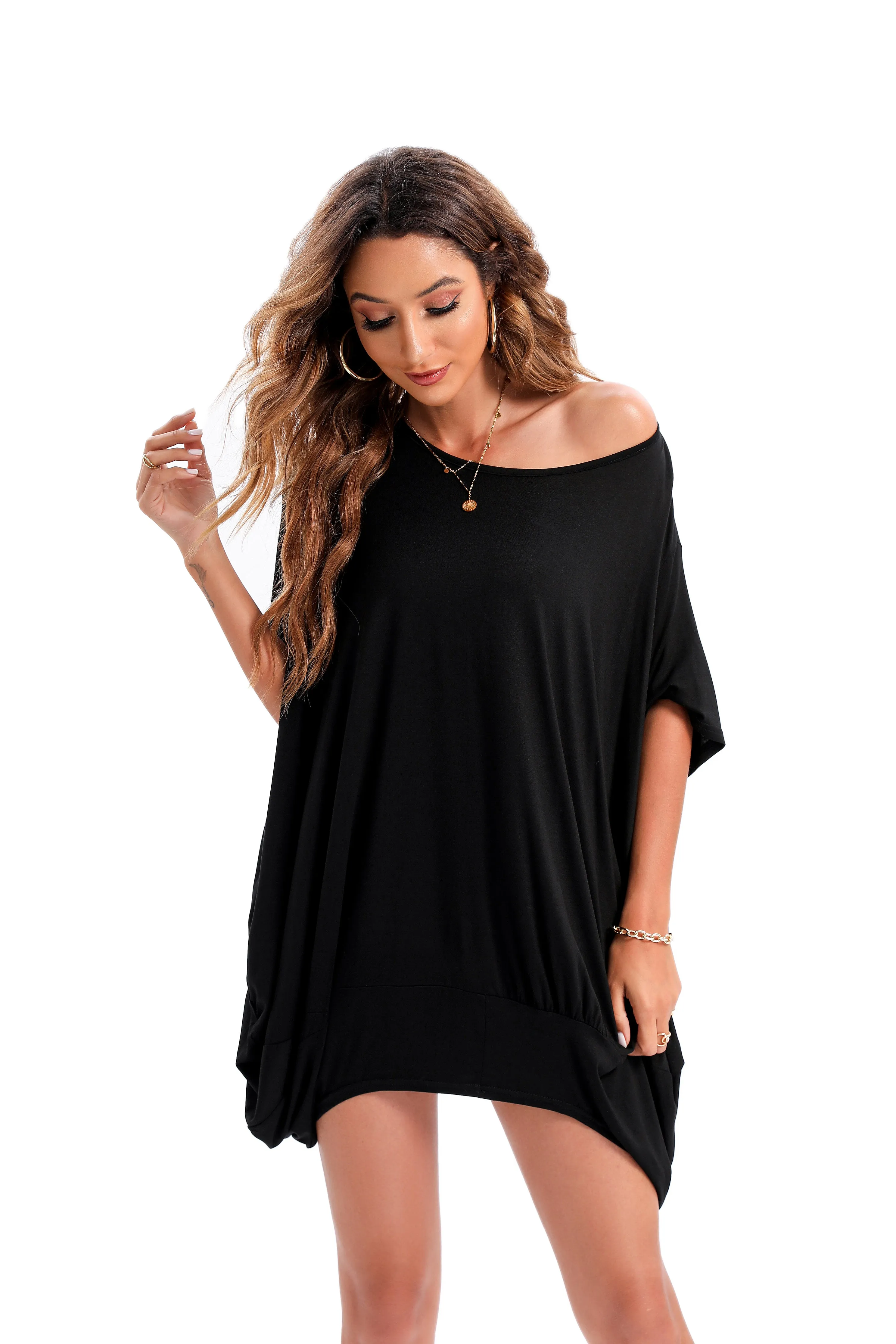 ellazhu Oversized Short Sleeve Mid-Long Dresses Beach T-Shirt Women GA200