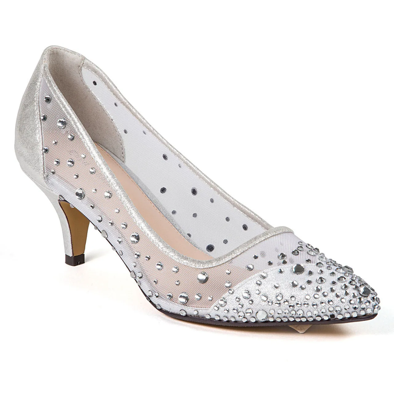 Lady Couture Silk Silver Embellished Kitten Heels