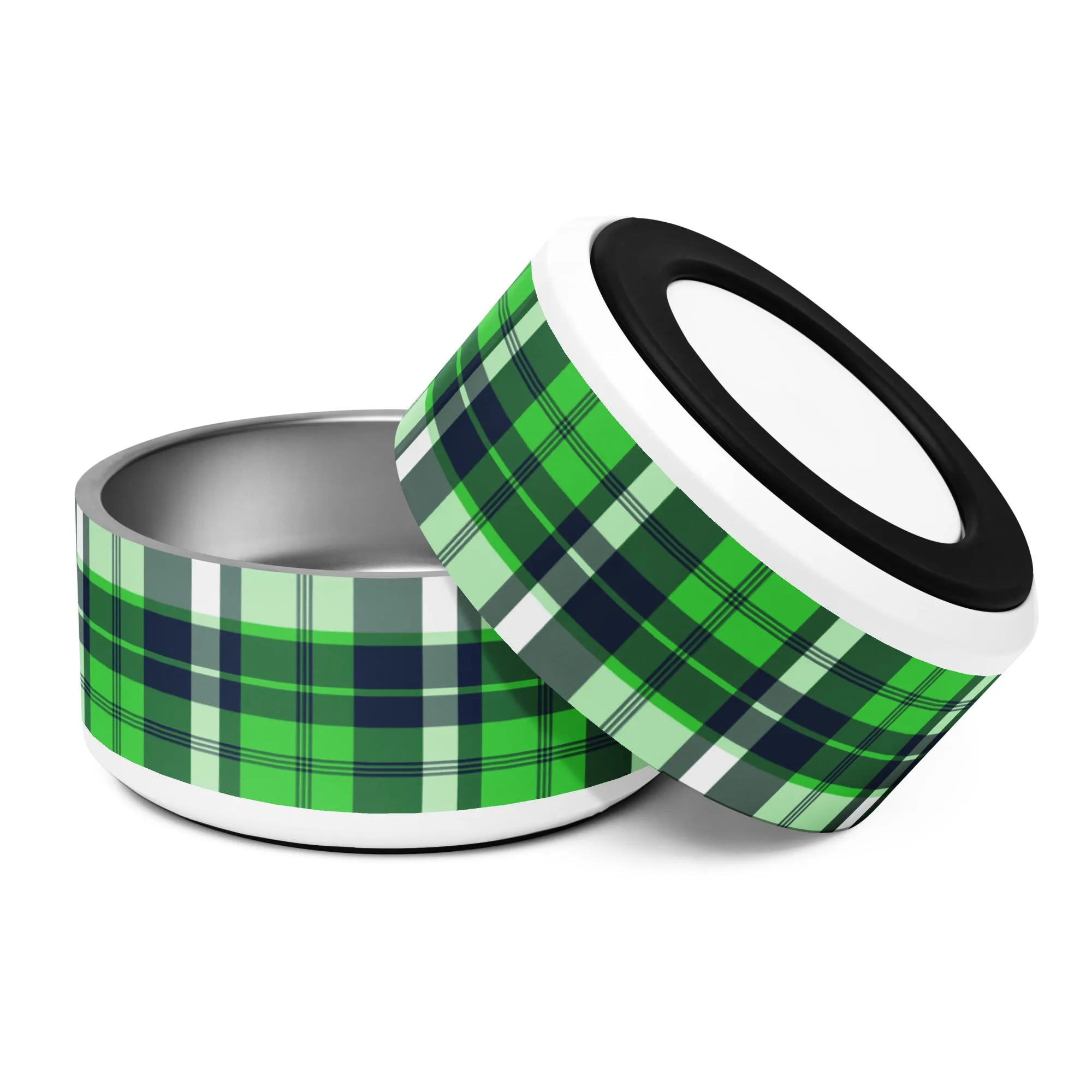 Lime Green and Navy Blue Preppy Plaid Pet Bowl