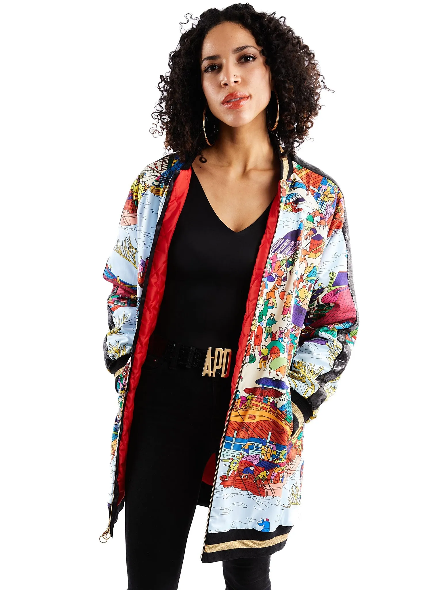 Long Bomber Jacket in Asian Print