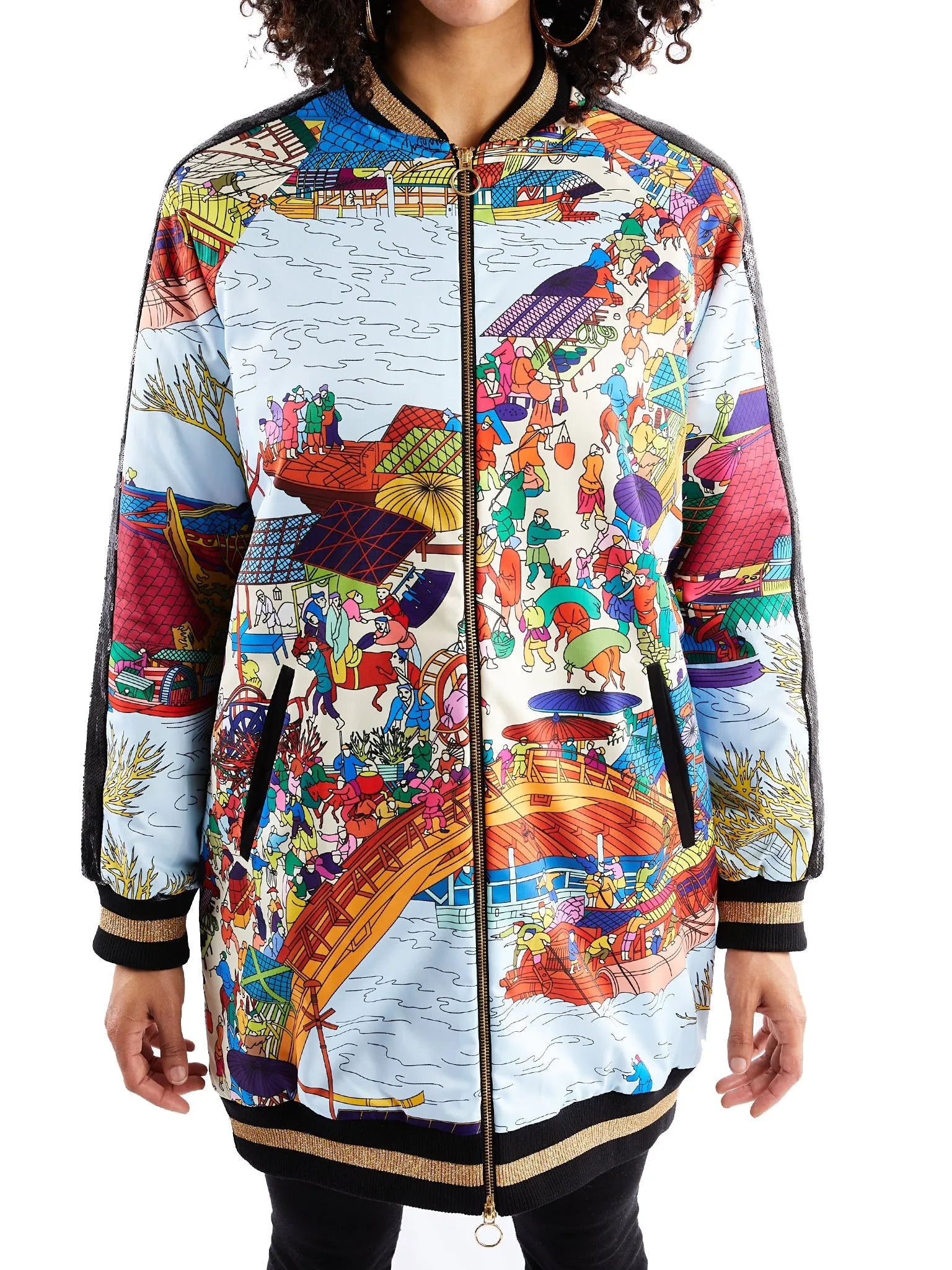 Long Bomber Jacket in Asian Print