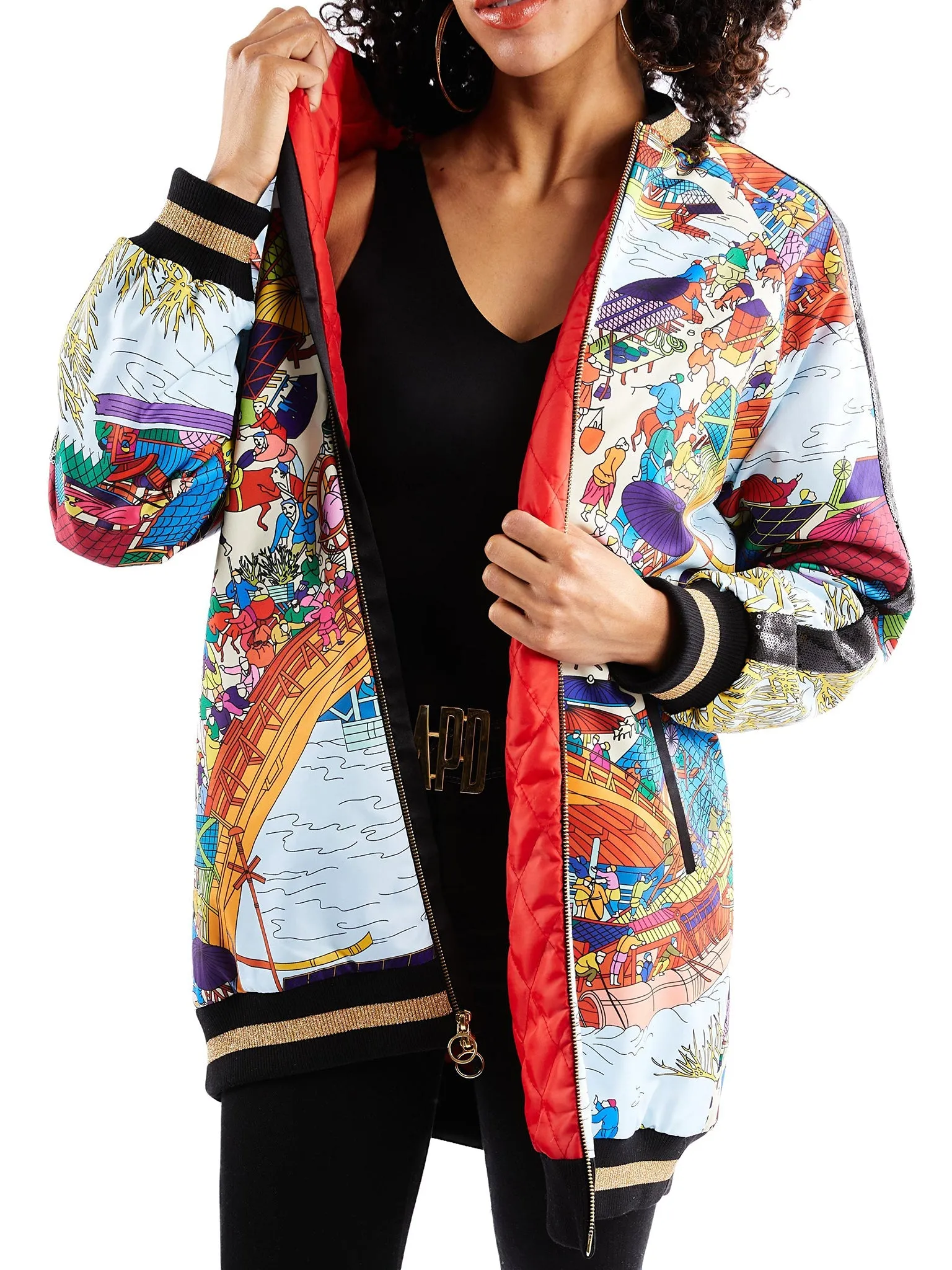 Long Bomber Jacket in Asian Print