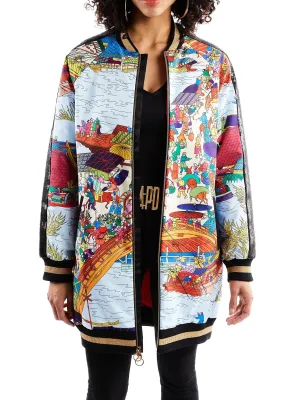 Long Bomber Jacket in Asian Print