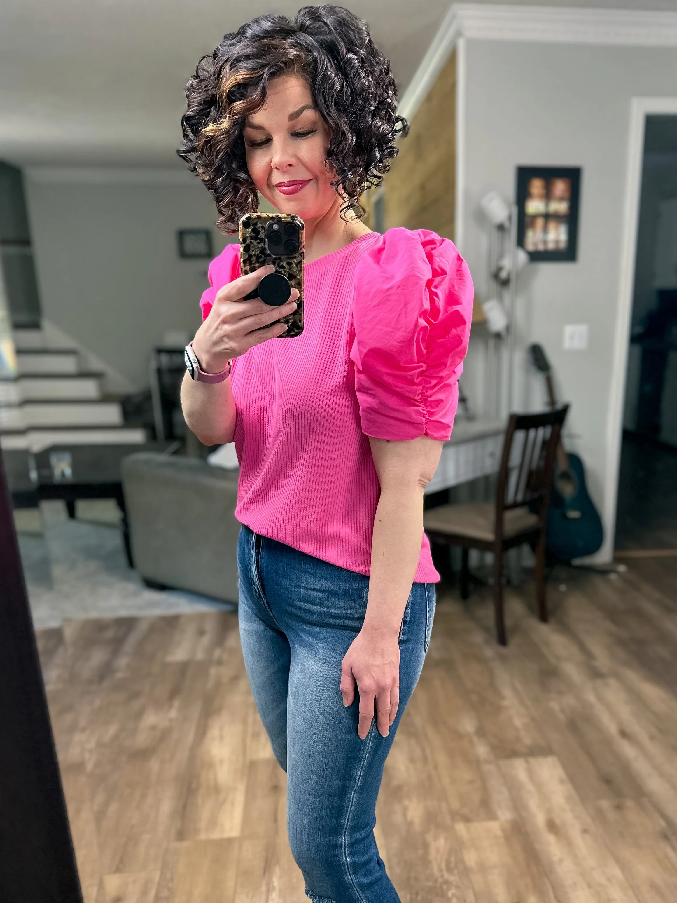 Pink Ribbed Puff Sleeve Top