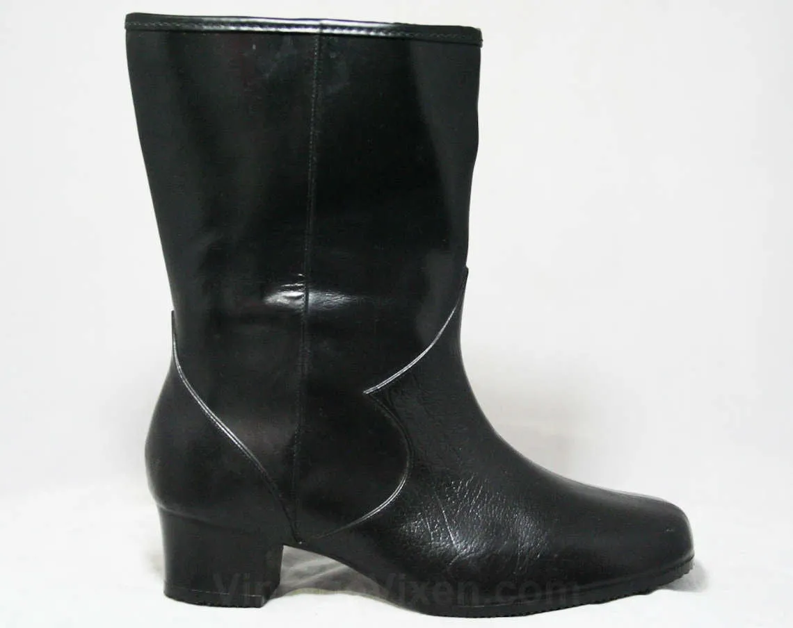 Size 5 WW Black Boots - Victorian Inspired - Authentic 1950s Deadstock - Waterproof Vinyl - Fleece Lined - Winter Shoes - 50s Wide Width