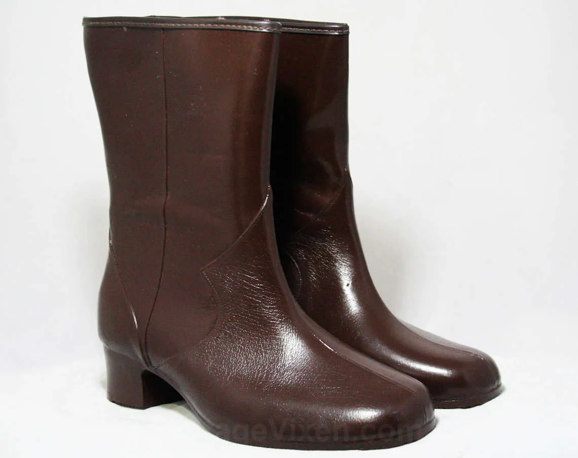 Size 7 Brown Boots - Victorian Inspired - Authentic 1950s Deadstock - Waterproof Vinyl - Fleece Lined Winter Shoes - Ladies Wide Width