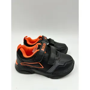 Small Kid Size 7, Black Sneakers with Orange Trim, Straps with Biker Design