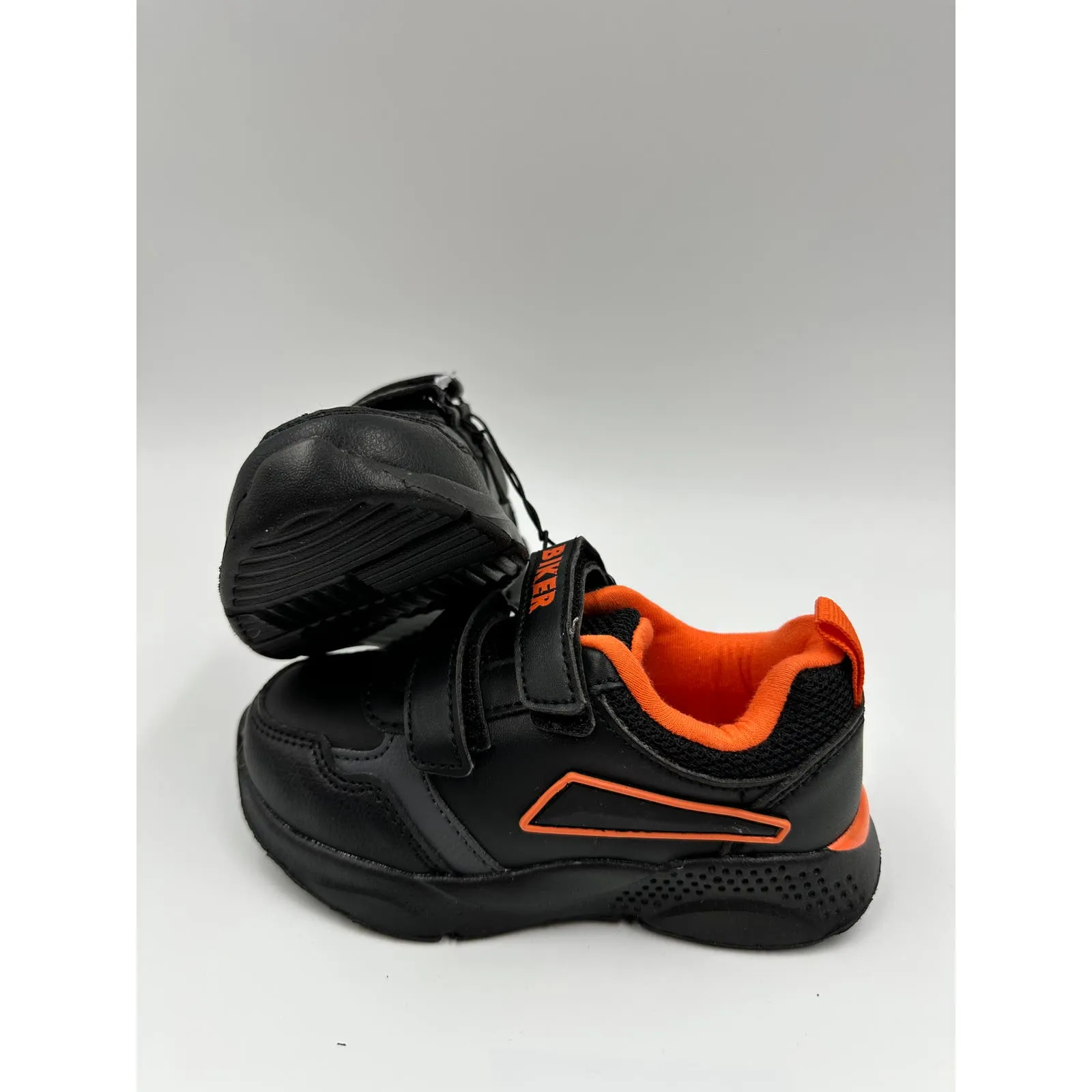 Small Kid Size 7, Black Sneakers with Orange Trim, Straps with Biker Design