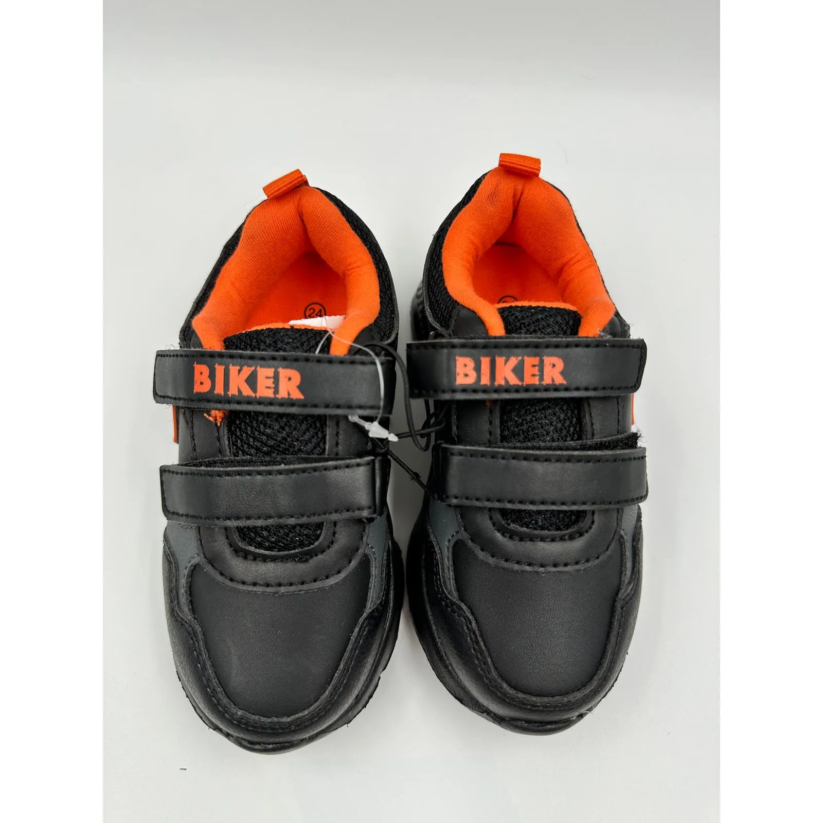 Small Kid Size 7, Black Sneakers with Orange Trim, Straps with Biker Design