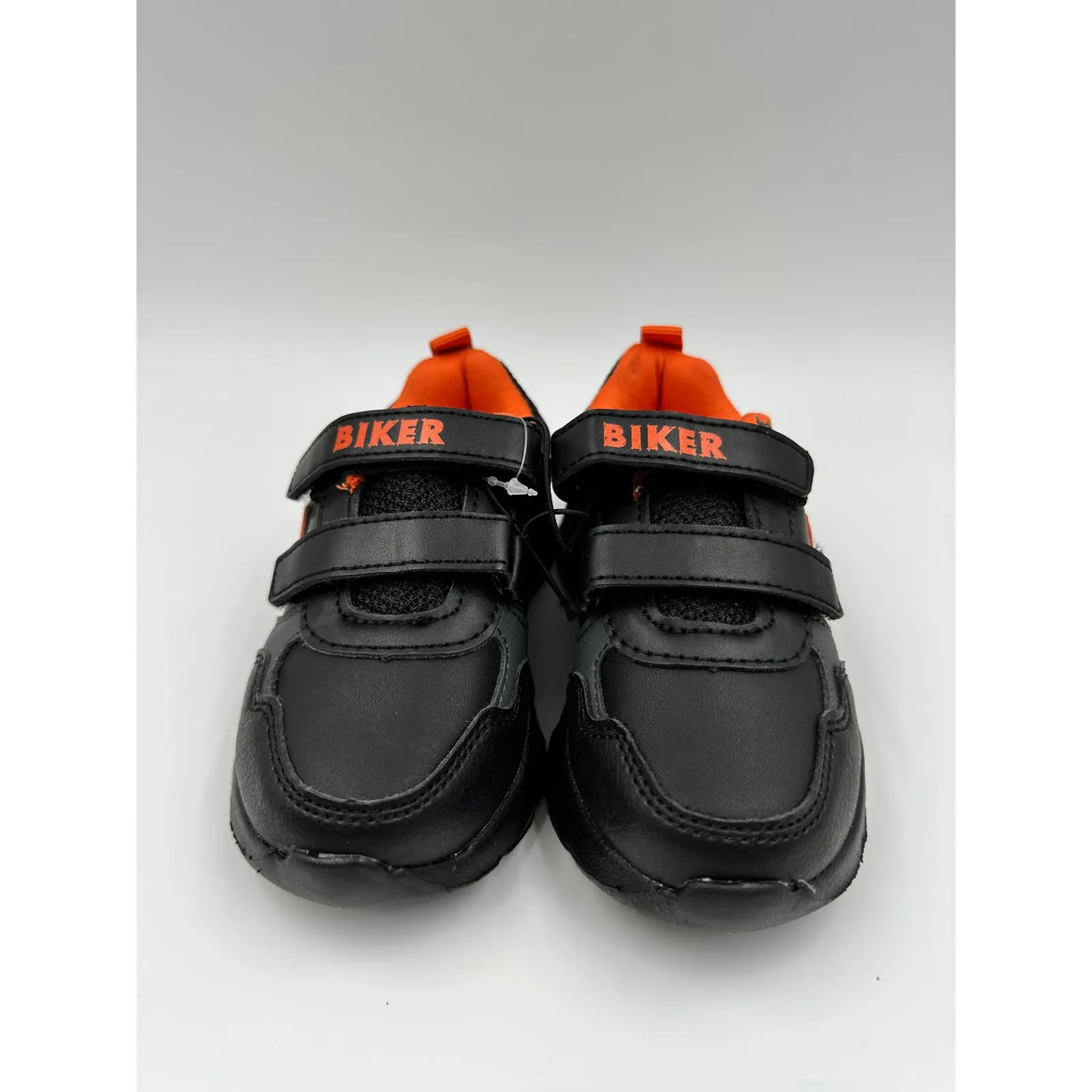 Small Kid Size 7, Black Sneakers with Orange Trim, Straps with Biker Design