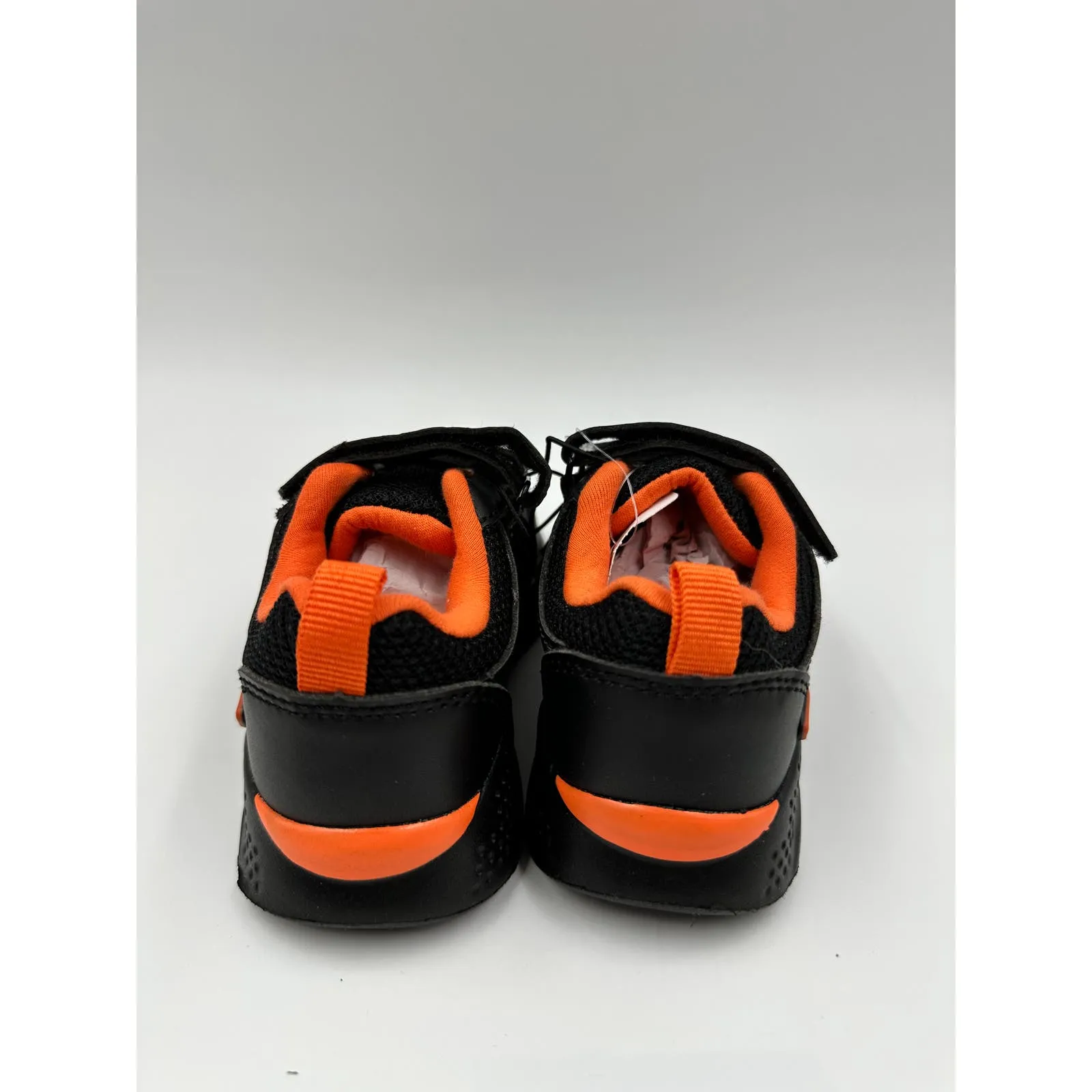 Small Kid Size 7, Black Sneakers with Orange Trim, Straps with Biker Design