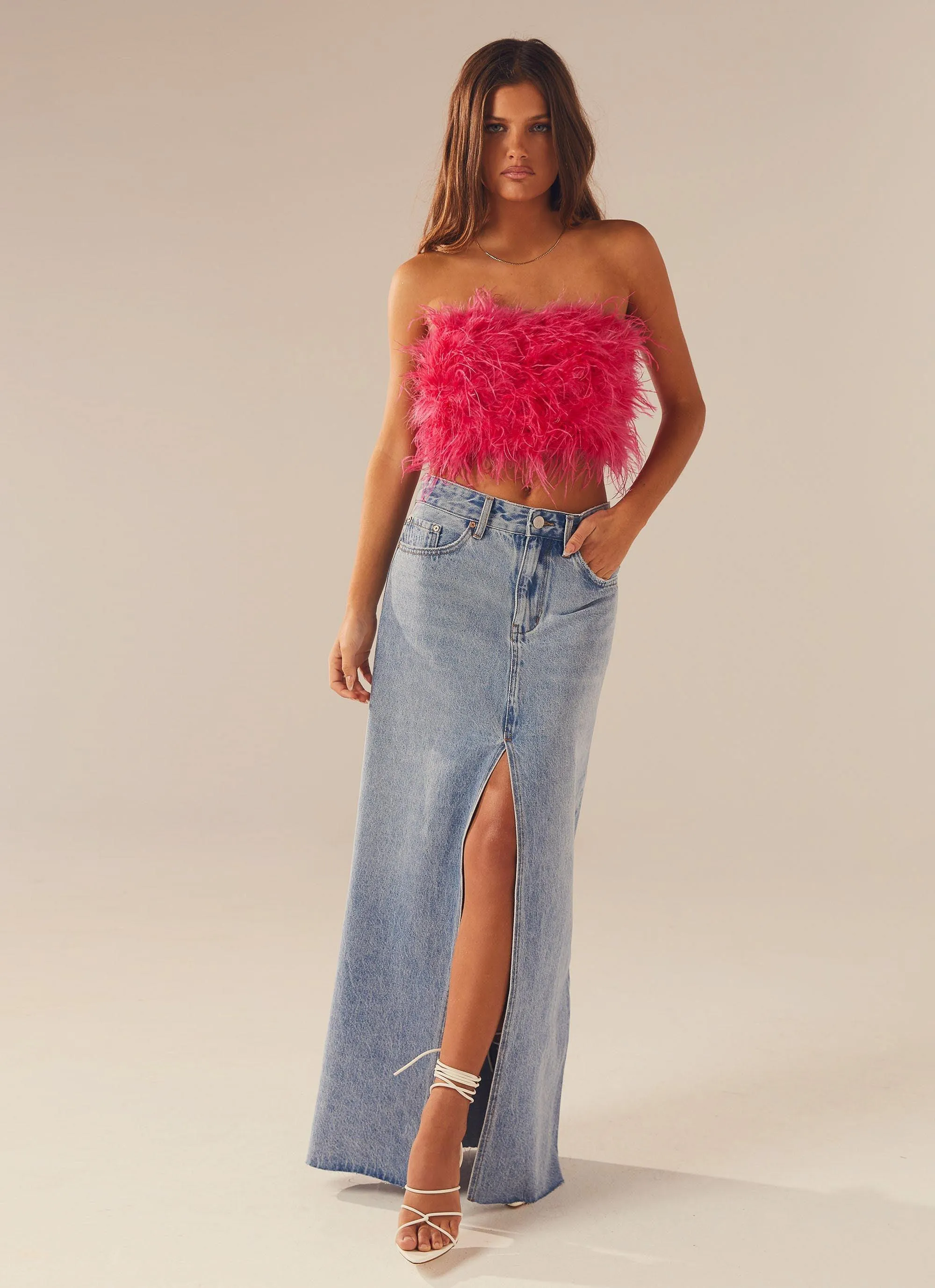 The Night Is Ours Feather Crop Top - Pink Cosmo