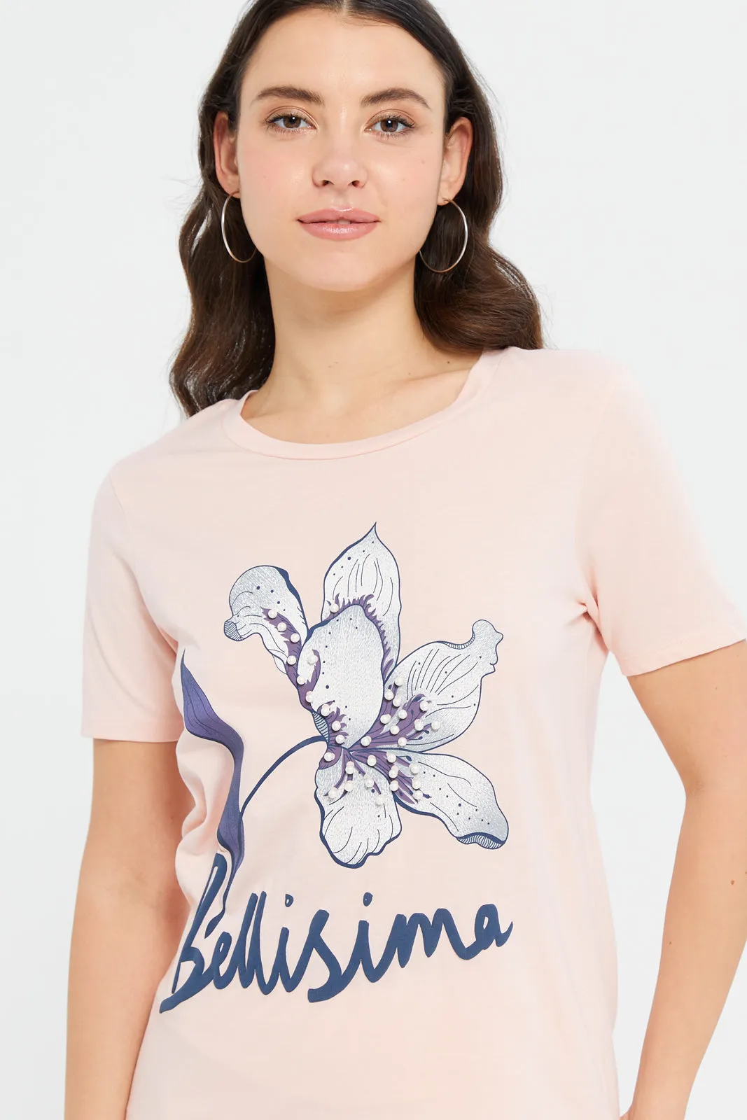 Women Pink Printed Embellished T-Shirt