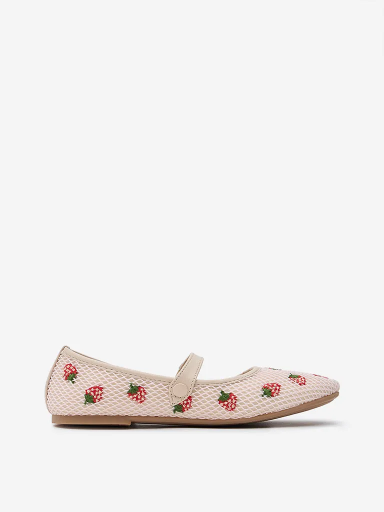 Yellow Pink Strawberry Embroidered Mary Jane Shoes