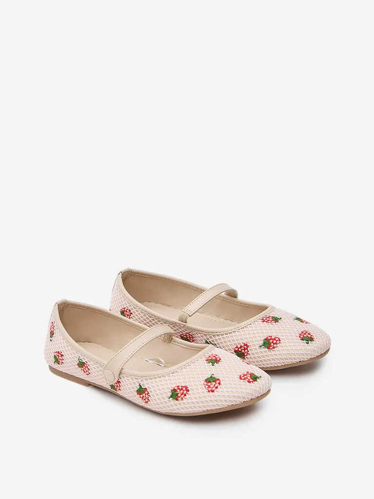 Yellow Pink Strawberry Embroidered Mary Jane Shoes