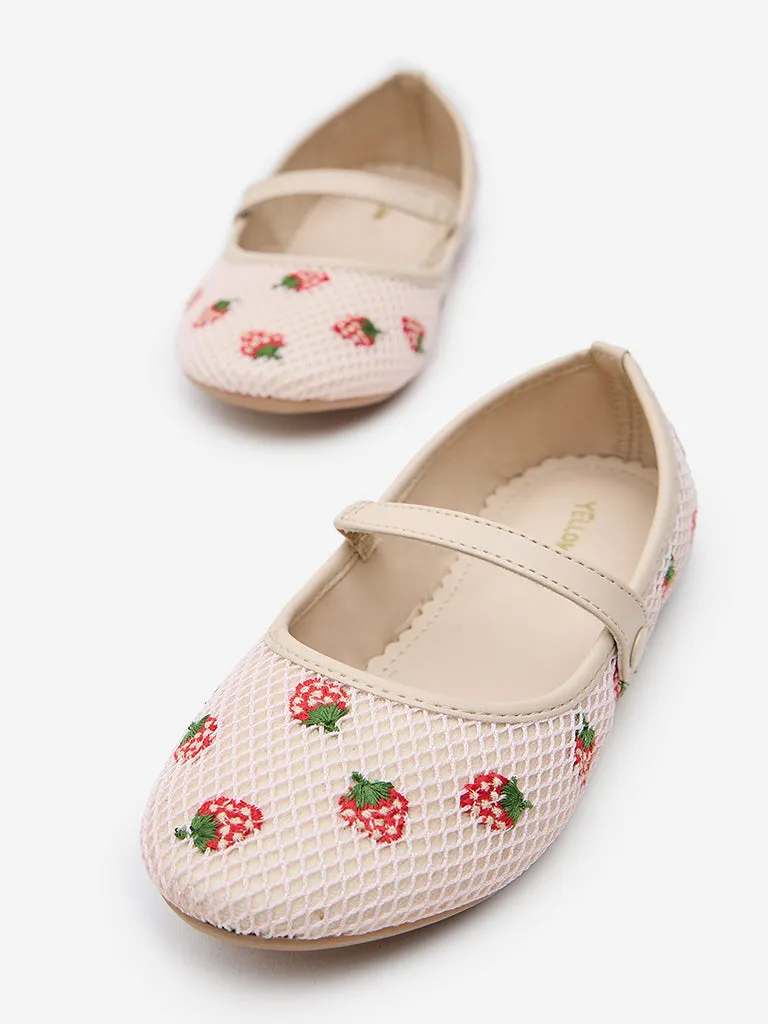 Yellow Pink Strawberry Embroidered Mary Jane Shoes